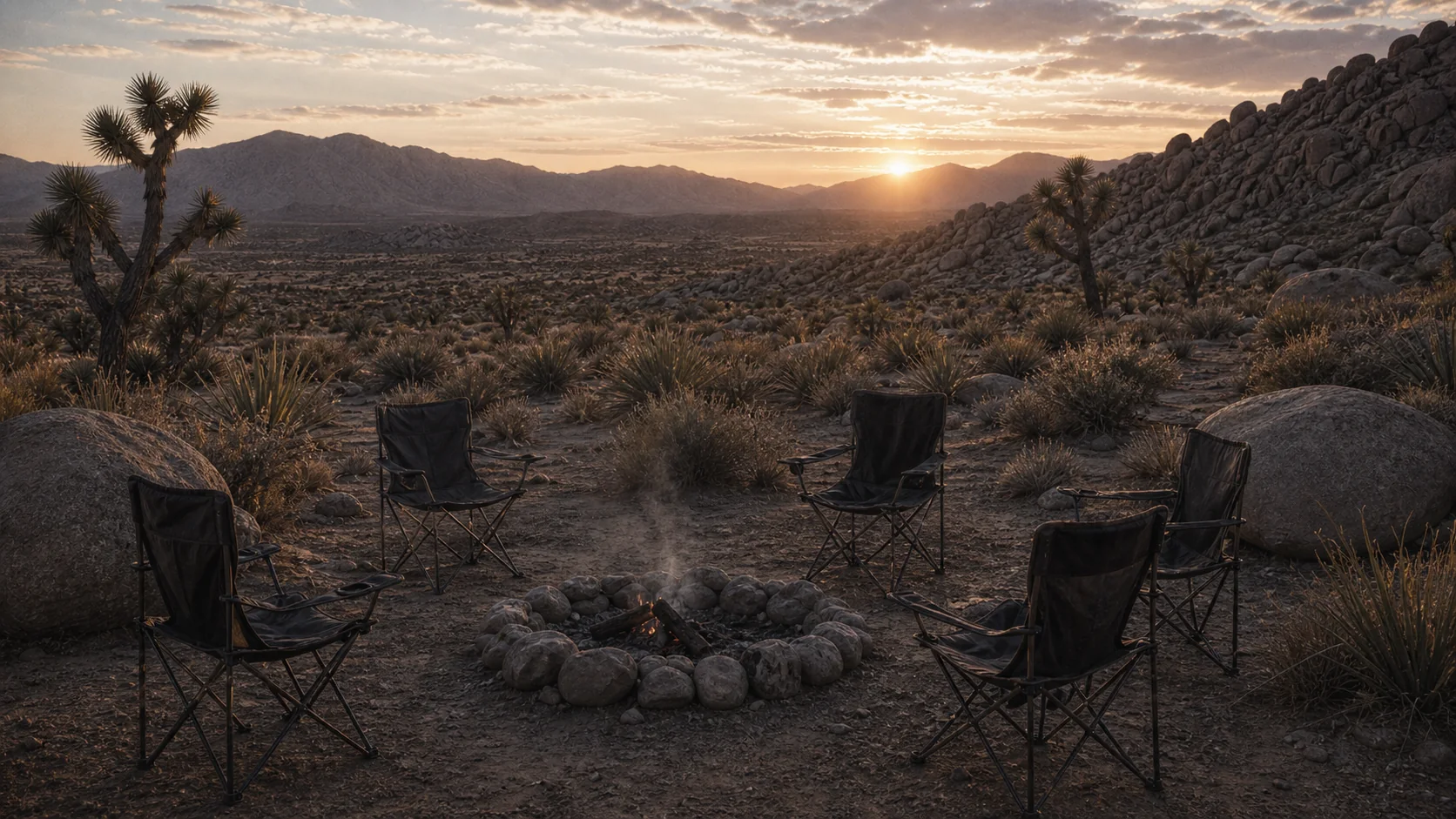 Empty camp chairs around the last embers of a fire at dawn in Blair Valley