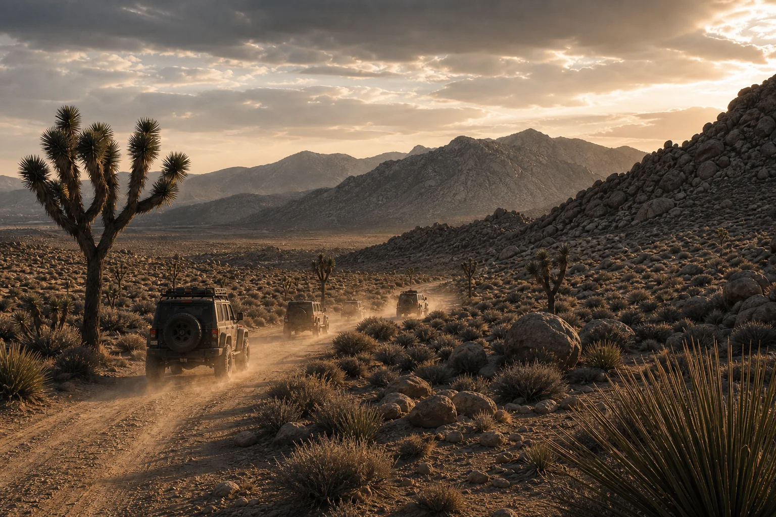 A small group of vehicles traveling a desert road through Blair Valley